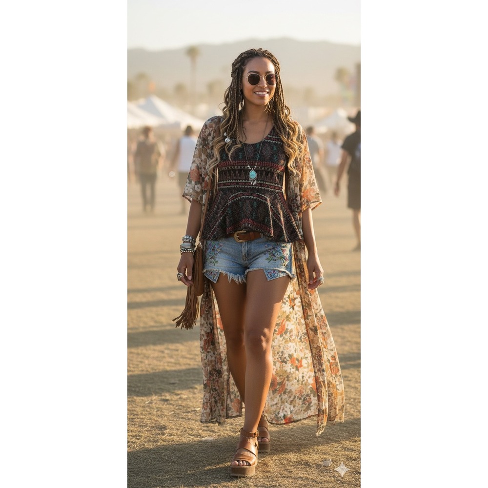 Joyce Leslie Aztec‎ Babydoll Tank Top Glitter Geometric High Low Festival Indie